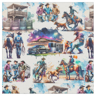 Western Rodeo Cowboy Calf Roping  Fabric