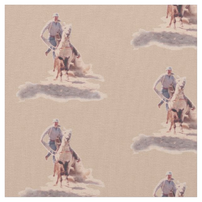 Western Rodeo Cowboy Calf Roping Print Fabric (Close Up)