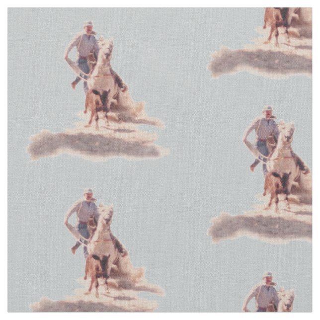 Western Rodeo Cowboy Calf Roping Print Fabric (Close Up)