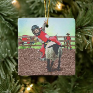 Western Rodeo Cowboy Cowgirl Mutton Busting Ceramic Ornament