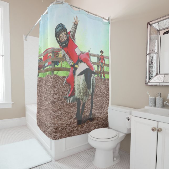 Western Rodeo Cowboy Cowgirl Mutton Busting Shower Curtain (In Situ)