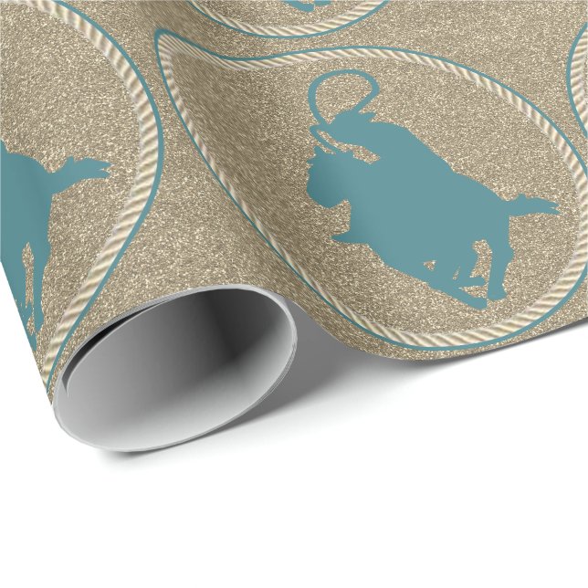 Western Rodeo Cowboy Cowgirl On Horse Roping Wrapping Paper (Roll Corner)