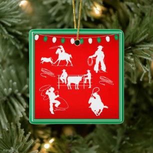 Western Rodeo Cowboy Cowgirl Roping Christmas Ceramic Ornament