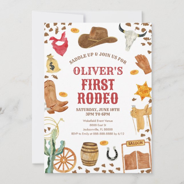 Western Rodeo Cowboy First Rodeo 1st Birthday Invitation (Front)