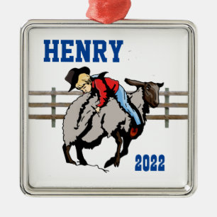 Western Rodeo Cowboy Kid Mutton Buster Christmas Metal Ornament