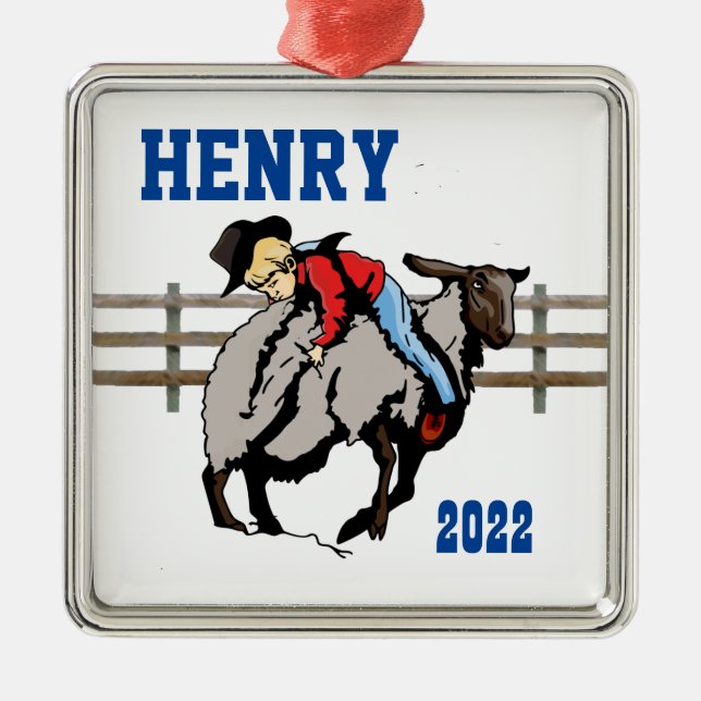 Western Rodeo Cowboy Kid Mutton Buster Christmas Metal Ornament (Front)