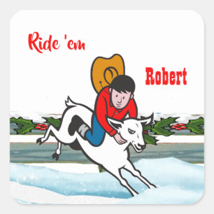 Western Rodeo Cowboy Kid Mutton Buster Christmas Square Sticker