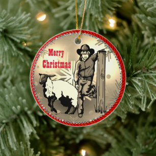 Western Rodeo Cowboy Mutton Buster Kid Ceramic Ornament