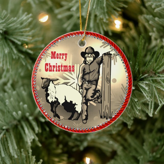 Western Rodeo Cowboy Mutton Buster Kid Ceramic Ornament (Tree)