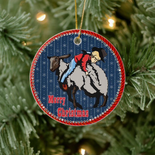 Western Rodeo Cowboy Mutton Buster On Backward  Ceramic Ornament (Tree)