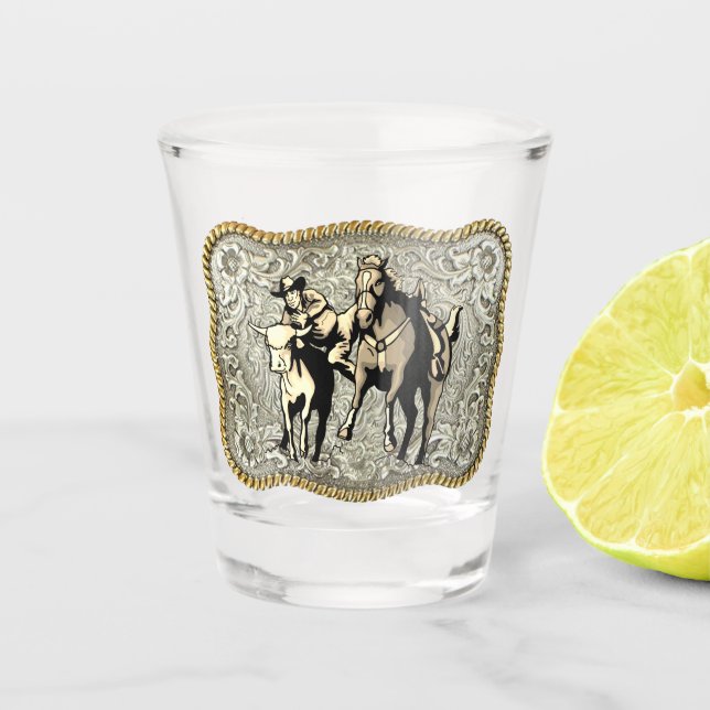 Western Rodeo Cowboy Steer Wrestlin Belt Buckle    Shot Glass (Front)