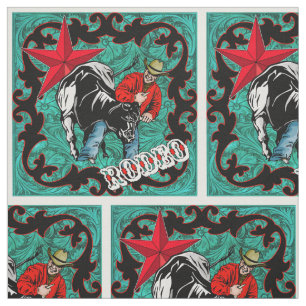 Western Rodeo Cowboy Steer Wrestling Faux Leather Fabric