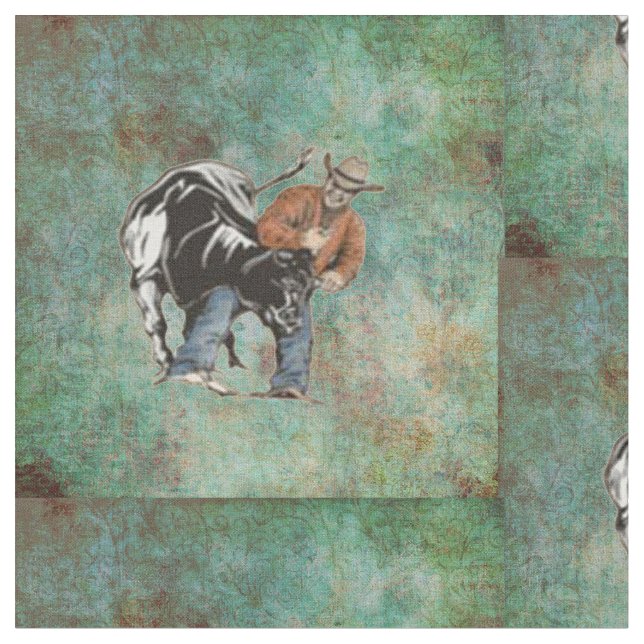 Western Rodeo Cowboy Steer Wrestling Print Fabric (Close Up)