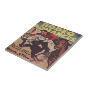 Western Rodeo Cowboy Steer Wrestling Rodeo Romance Ceramic Tile