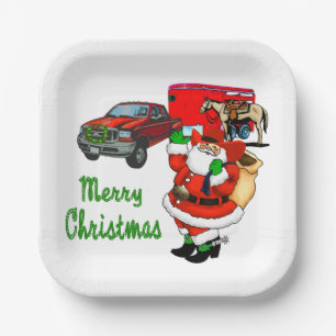 Western Rodeo Cowboy Truck Trailer Santa Christmas Paper Plate