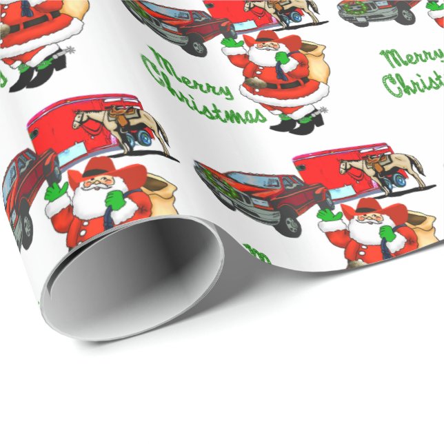 Western Rodeo Cowboy Truck Trailer Santa Christmas Wrapping Paper (Roll Corner)