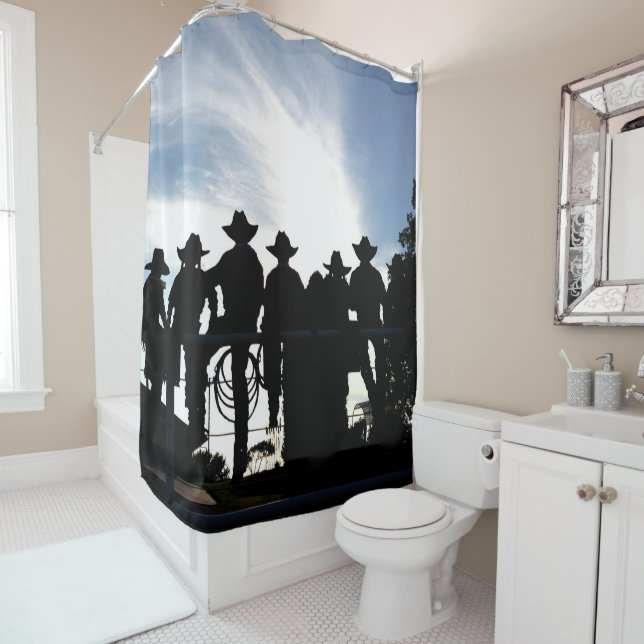 Western Rodeo Cowboys And Cowgirl On The Fence Shower Curtain (In Situ)