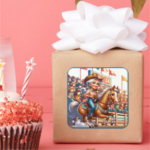 Western Rodeo Cowgirl Barrel Racing Square Sticker