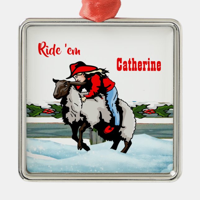 Western Rodeo Cowgirl Kid Mutton Buster Christmas Metal Ornament (Front)