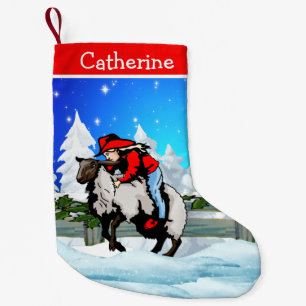 Western Rodeo Cowgirl Kid Mutton Buster Snow Scene Small Christmas Stocking