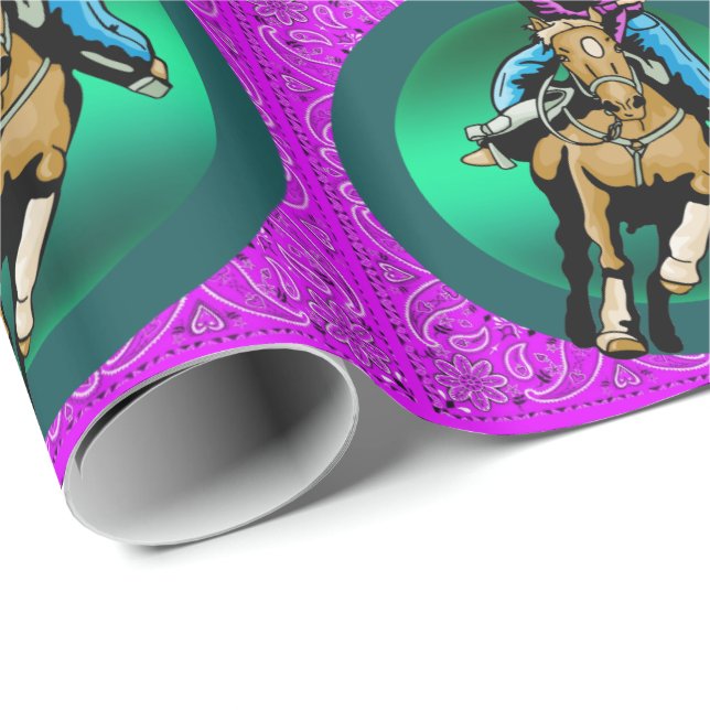 Western Rodeo Cowgirl On Running Horse Barrel Race Wrapping Paper (Roll Corner)