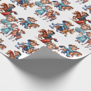 Western Rodeo Cowgirl With Horses and Kids Scenes Wrapping Paper