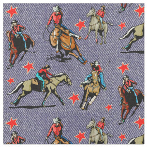 Western Rodeo Cowgirls Riding Horses Design Fabric