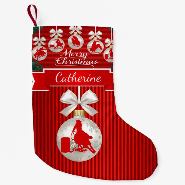 Western Rodeo Events Barrel Racing Cowgirl Small Christmas Stocking (Front)