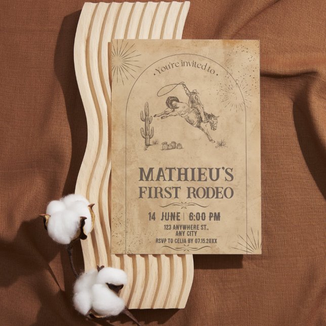 Western Rodeo First Birthday Invitation (Beige and Brown Vintage Western First Rodeo Invitation)