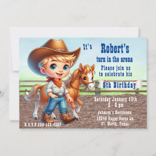 Western Rodeo Little Cowboy With Horse Birthday Invitation
