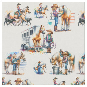 Western Rodeo Little Cowgirl And Palomino Horse Fabric