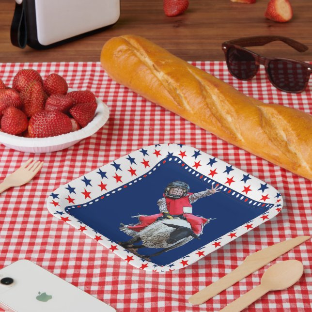 Western Rodeo Mutton Busting Cowboy Kid Square Sti Paper Plate (Picnic)
