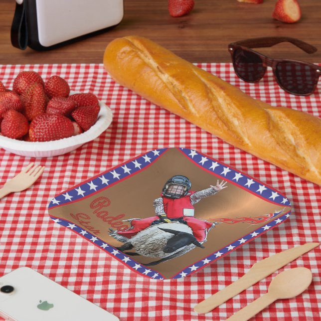 Western Rodeo Star Mutton Busting Kid Paper Plate (Picnic)
