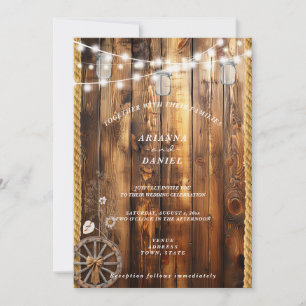 Western Rope Wagon Wheel Mason Jar String Lights  Invitation