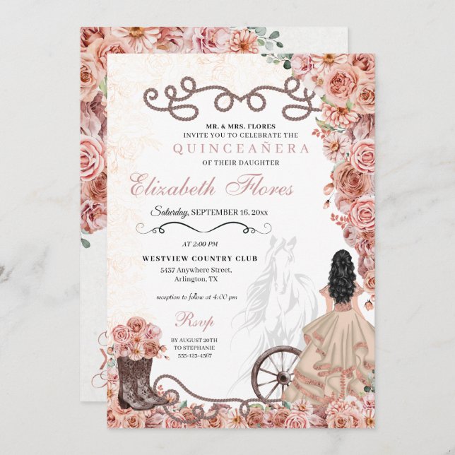 Western Rose Gold Princess Charra Quinceañera Invitation (Front/Back)