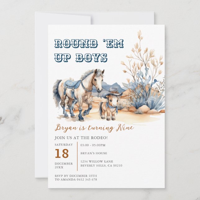 Western Round 'Em Up Boys Cowboy Birthday Party  Invitation (Front)