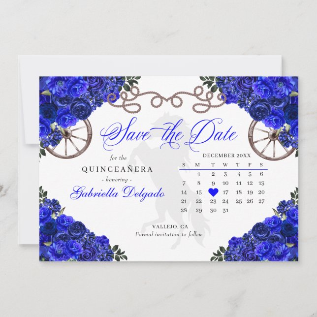 Western Royal Blue Quinceañera Save The Date Invitation (Front)