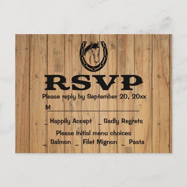 Western RSVP Wedding Horse Brown Wood Country Invitation Postcard (Front)