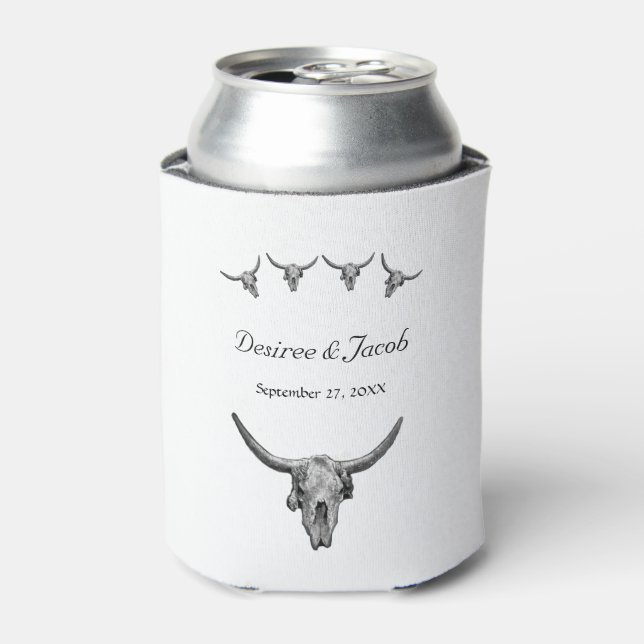 Western Rustic Black And White Wedding Bull Skull Can Cooler (Can Front)