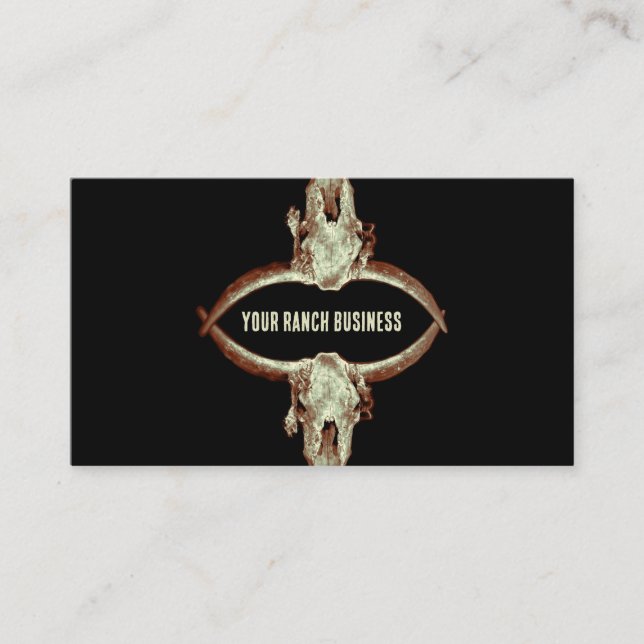 Western Rustic Black Beige Country Bull Skull Business Card (Front)