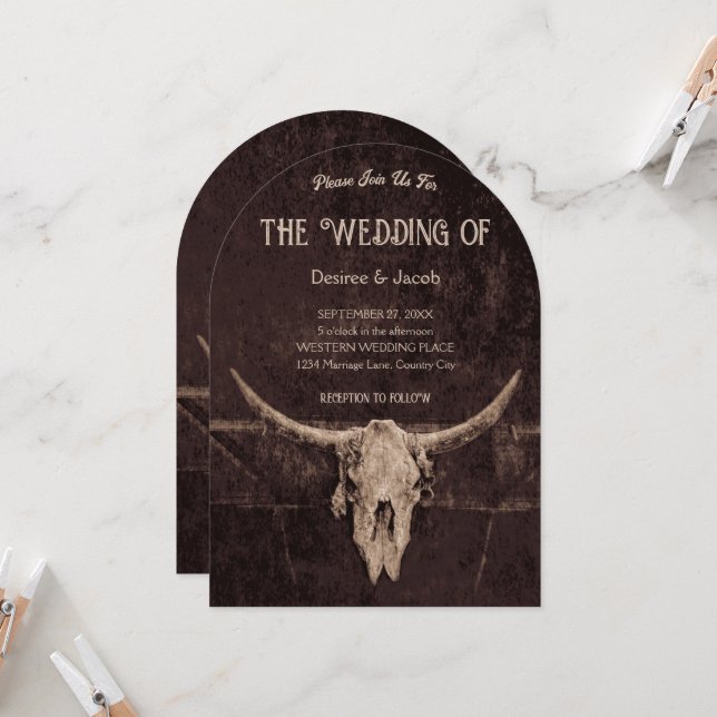 Western Rustic Brown Country Rodeo Bull Skull Arch Invitation (Front/Back In Situ)