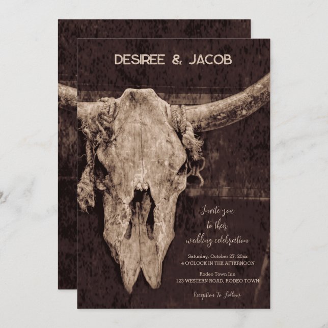 Western Rustic Brown Country Rodeo Bull Skull Invitation (Front/Back)