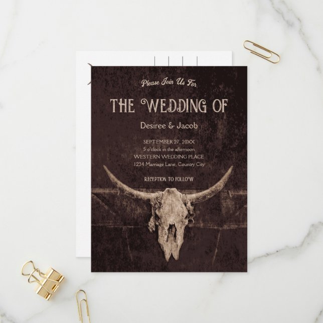 Western Rustic Brown Country Rodeo Bull Skull Invitation Postcard (Front/Back In Situ)