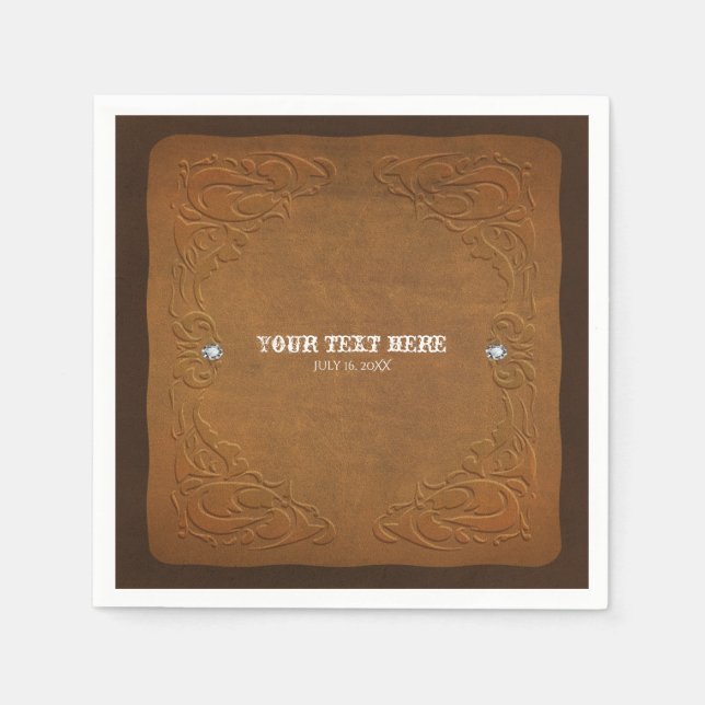 Western Rustic Brown Leather Look & Diamonds Party Napkin (Front)