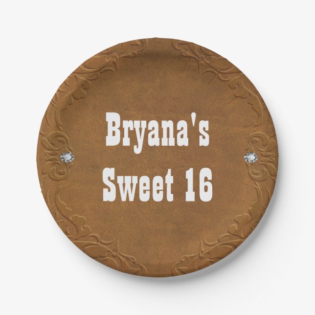 Western Rustic Brown Leather Look & Diamonds Party Paper Plate (Front)