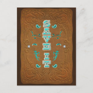 Western Rustic Brown Leather Look SAVE IT the date Announcement Postcard