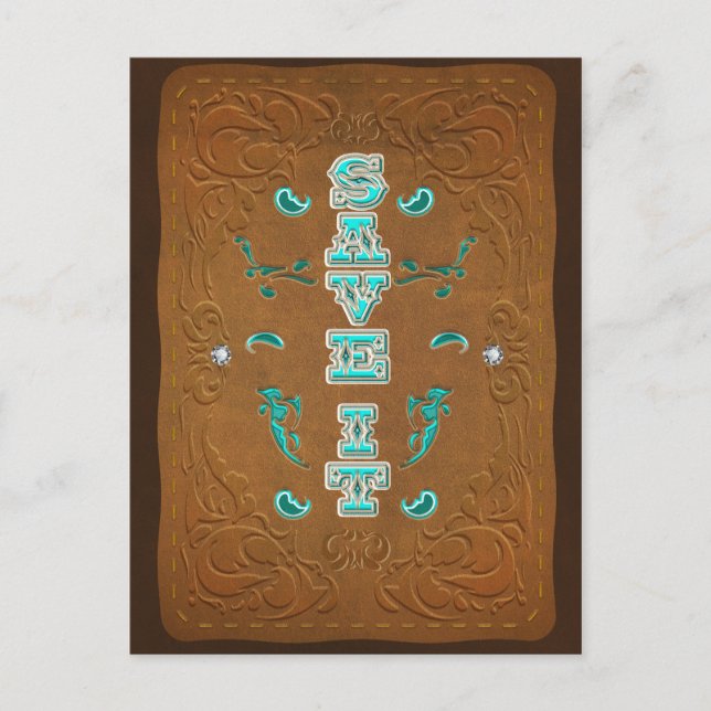Western Rustic Brown Leather Look SAVE IT the date Announcement Postcard (Front)