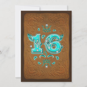 Western Rustic Brown & Turquoise SIXTEEN 16 Party Invitation