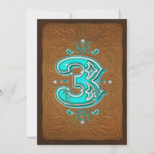 Western Rustic Brown & Turquoise THREE 3 3rd Party Invitation