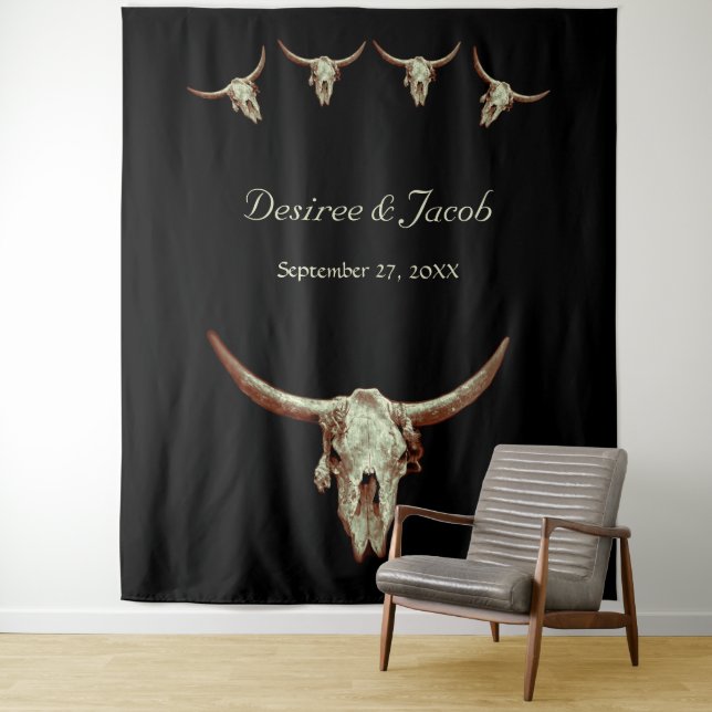 Western Rustic Bull Skull Wedding Photo Booth Tapestry (In Situ)